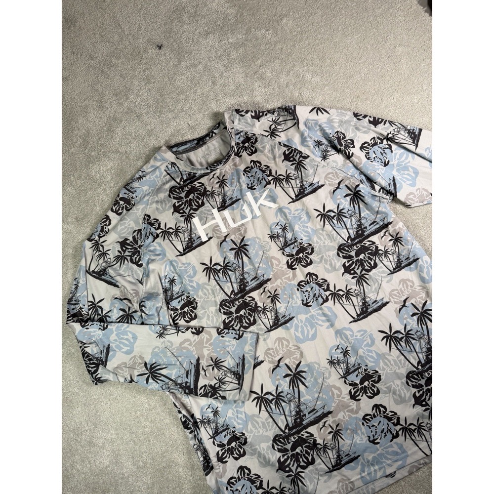 Huk Mens Pursuit L/S Fishing Shirt Blue Tropical Fishing Boat All Over Print UPF